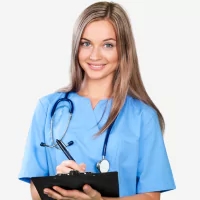 a woman in a blue scrub suit holding a clipboard