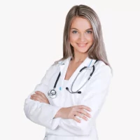 a woman in a white coat with a stethoscope