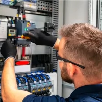a man in a blue shirt and black gloves working on a machine