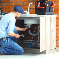 a man fixing a sink in a kitchen