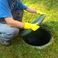 a man in a blue shirt and yellow gloves is cleaning a black hole