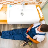 a man fixing a sink in a bathroom