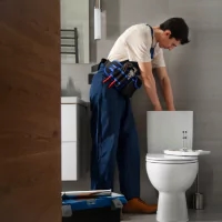 a man in a white shirt and blue pants fixing a toilet
