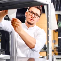 a man in a white shirt and glasses is working on a machine