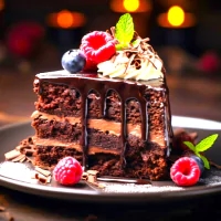 a piece of chocolate cake with raspberries and chocolate sauce