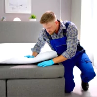 a man in blue overalls and gloves cleaning a couch