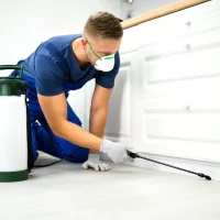 a man in blue overalls and white gloves fixing a white refrigerator