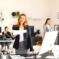a woman in a business suit holding a piece of paper