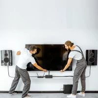 a man in overalls and a white shirt is standing in front of a tv