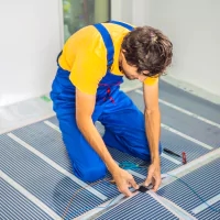 a man in overalls working on a solar panel