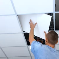 a ceiling with a man holding a sheet of paper