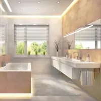 a bathroom with a large window and a sink