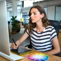 a woman sitting at a desk with a computer