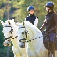 two women riding horses in a field